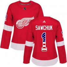 Women's Adidas Detroit Red Wings Terry Sawchuk Red USA Flag Fashion Jersey - Authentic
