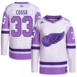 Youth Adidas Detroit Red Wings Sebastian Cossa White/Purple Hockey Fights Cancer Primegreen Jersey - Authentic