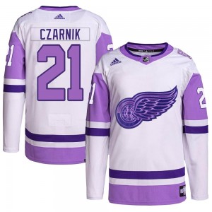 Youth Adidas Detroit Red Wings Austin Czarnik White/Purple Hockey Fights Cancer Primegreen Jersey - Authentic