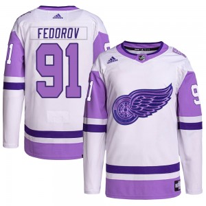 Youth Adidas Detroit Red Wings Sergei Fedorov White/Purple Hockey Fights Cancer Primegreen Jersey - Authentic
