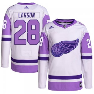 Youth Adidas Detroit Red Wings Reed Larson White/Purple Hockey Fights Cancer Primegreen Jersey - Authentic