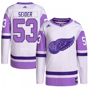 Youth Adidas Detroit Red Wings Moritz Seider White/Purple Hockey Fights Cancer Primegreen Jersey - Authentic