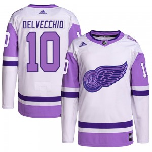 Men's Adidas Detroit Red Wings Alex Delvecchio White/Purple Hockey Fights Cancer Primegreen Jersey - Authentic