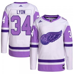Men's Adidas Detroit Red Wings Alex Lyon White/Purple Hockey Fights Cancer Primegreen Jersey - Authentic