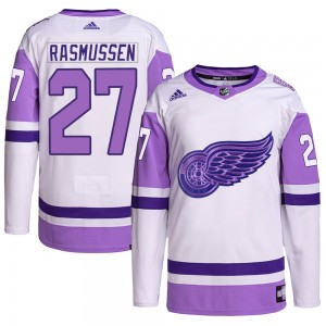 Men's Adidas Detroit Red Wings Michael Rasmussen White/Purple Hockey Fights Cancer Primegreen Jersey - Authentic