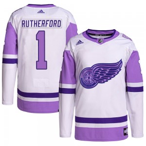 Men's Adidas Detroit Red Wings Jim Rutherford White/Purple Hockey Fights Cancer Primegreen Jersey - Authentic